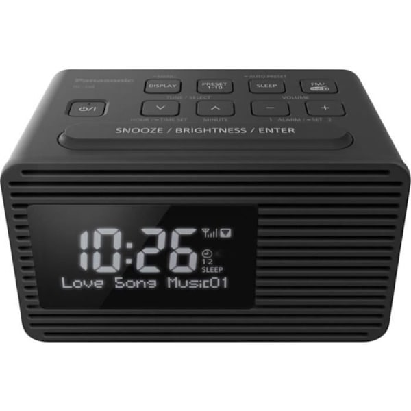 Panasonic DAB/FM vækkeur RC-D8EG-K, FM/DAB/DAB+ frekvenser, 1W USB, ur, strøm eller batteri, dobbelt alarm, sort LCD skærm