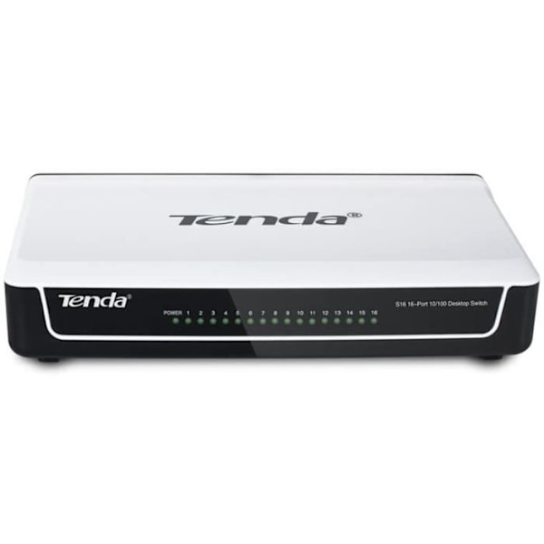 TENDA Switch Desktop 16 Porte 10/100 Mbps RJ45, Plug&Play, auto MDI/MDIX, ideel til store lejede boliger og SMV'er, S16 Sort, Hvid