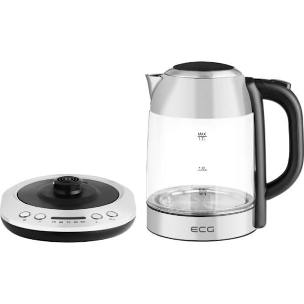 Elkedel - ECG - RK 1781 Glas – 1,7 L – Justerbar temperatur 40–100 °C – Varmholdelse – Hærdet glas & rustfrit stål