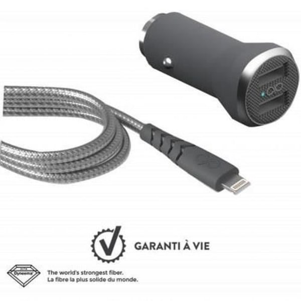 Biloplader 4.8A (2.4+2.4A) IC Smart + Forstærket USB A/Lightning Kabel Grå Force Power Grå