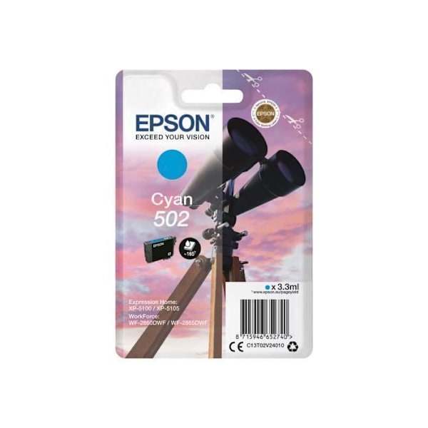 EPSON 502 mustepatruuna - 3,3 ml - syaani - alkuperäinen - XP-5100, XP-5105, WF-2860, WF-2860DWF, WF-2865DWF