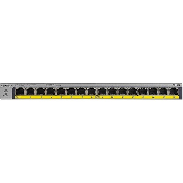 NETGEAR GS116PP 16-porttinen Ethernet-kytkin - Tuettu 2 kerrosta - Kierretty pari - Seinäkiinnitys, Telineeseen kiinnitettävä, Pöytäkone