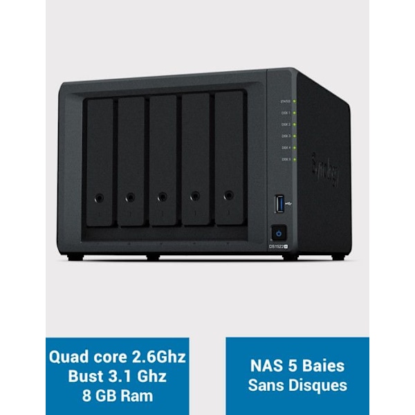 5-fack expanderbar NAS-server - SYNOLOGY - DS1522+ - AMD Ryzen R1600 - 8 GB DDR4 - RAID 1