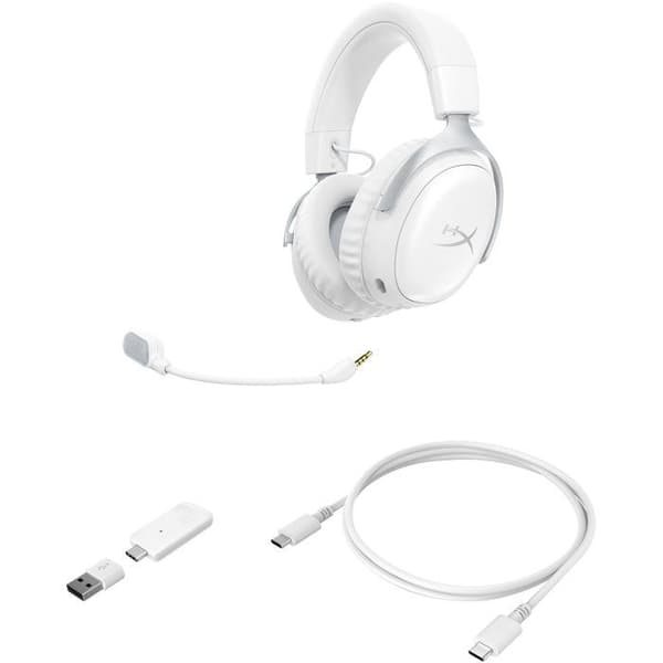 HyperX Cloud III S trådlösa gamingheadset i vitt för PC, Mac, PS5, mobiler och Switch med USB-C till USB-A-adapter och USB-kabel.