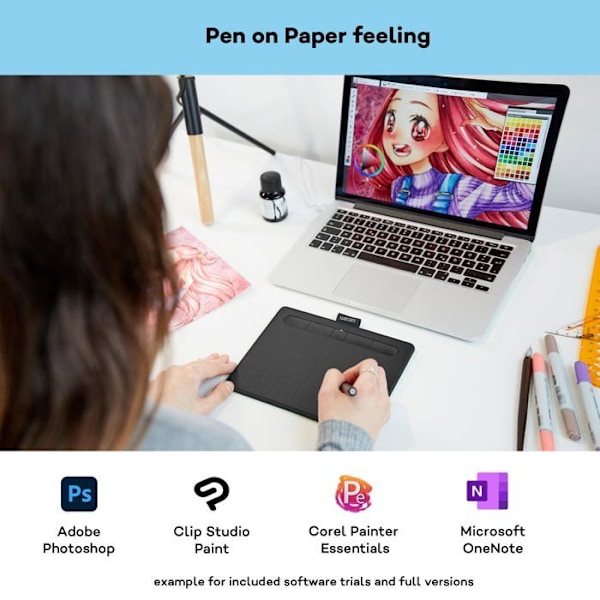 Wacom Intuos Intuos S, langallinen ja langaton, 152 x 95 mm, USB-Bluetooth, 7 mm, kynä, 0,25 mm sort
