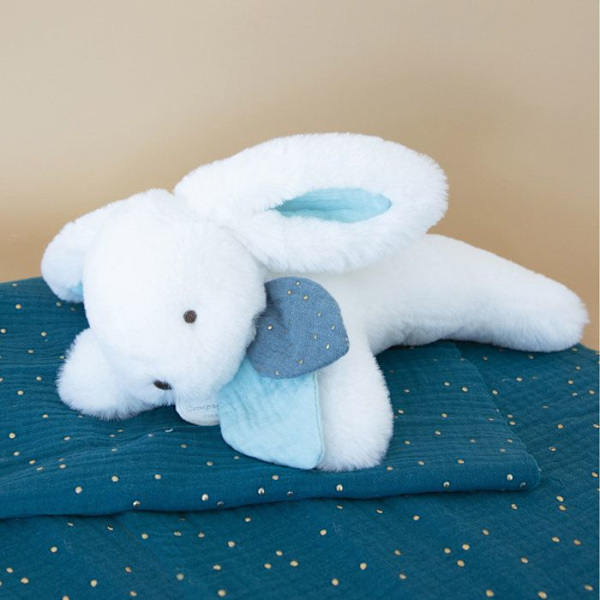 Doudou et Compagnie - Plys Kanin - 25 cm - Kanin Pompon Hvid/Blå Paon - Smuk Gaveæske - Happy Pop - Happy Doudou To You