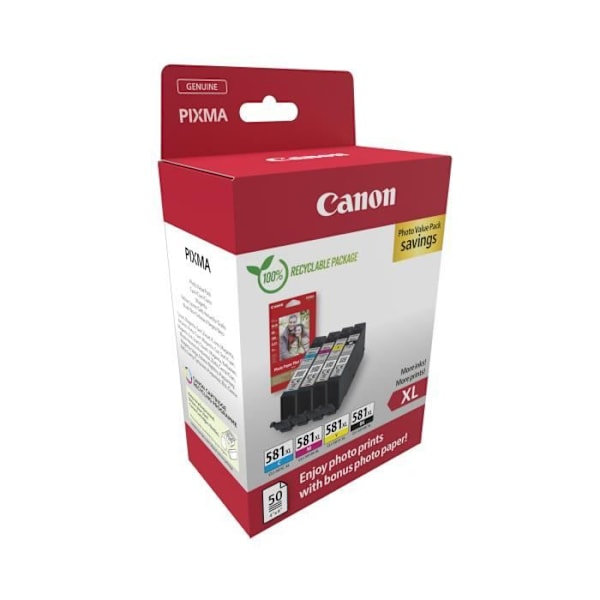 Multipak blækpatroner + fotopapirpakke - CANON - CLI-581XL Sort/Cyan/Magenta/Gul - Højtydende