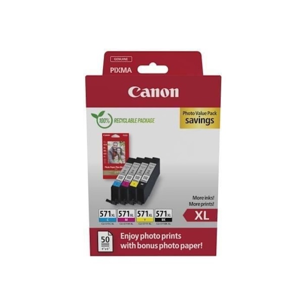 Blækpatroner + fotopapirpakke - CANON - CLI-571XL Sort/Cyan/Magenta/Gul - Højtydende