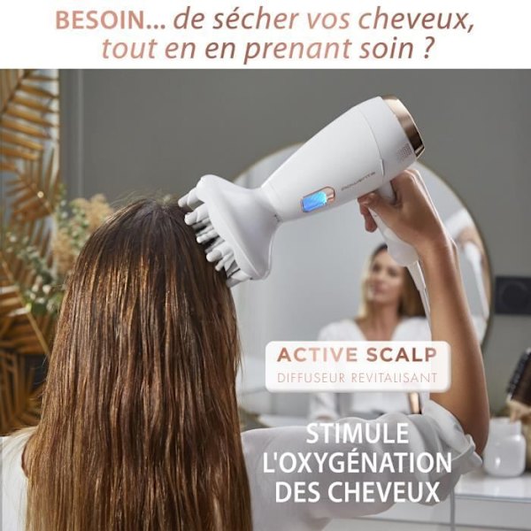 ROWENTA CV9240F0 Scalp Care Ultimate Experience -hiustenkuivain, vahvistetut volyymia antavat hiukset, päänahan hieronta, 3 lisäosaa Vit