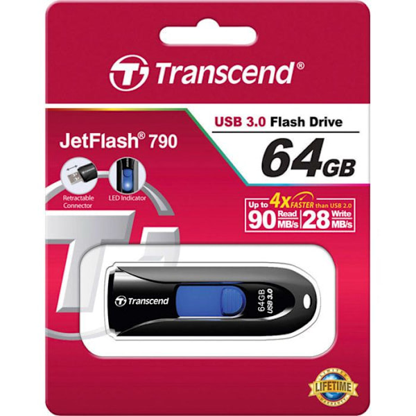 TRANSCEND JETFLASH 790 USB nøgle - 64 GB - USB 3.0 - Sort Sort, Blå