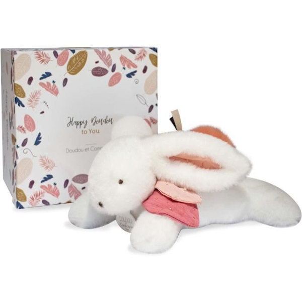 Doudou et Compagnie - Plysbunny - 25 cm - Hvid/Terracotta Pompom Bunny - Smuk Gaveæske - Happy Boho - Happy Doudou To