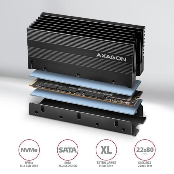 AXAGON CLR-M2XL Passiivinen - M.2 SSD, 2280 - Alumiini-Lämmönlevitin ja Kühlrippen - 8595247906595