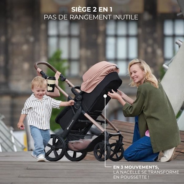 Kinderkraft MOOV2 AIR Barnvagn 3 i 1, Resesystem från födseln upp till 27 kg, Bilstol Mink PRO I-Size ingår, Beige Beige