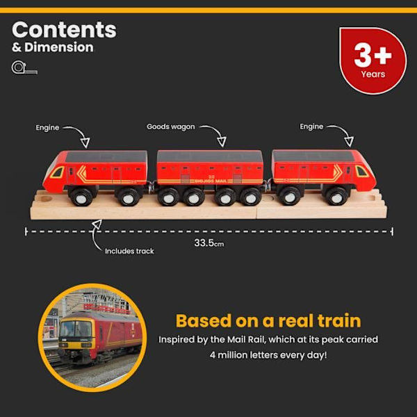 Bigjigs Rail Punainen Postijuna - 2 vaunua ja 2 raidetta, puiset junasarjat, lapsille alkaen 3-vuotiaista. Rød