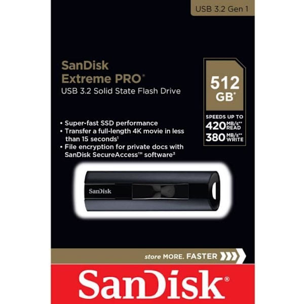 USB SSD -avain - SanDisk - Extreme PRO - 512 Gt - USB 3.2 - Lukunopeus 420 MB/s