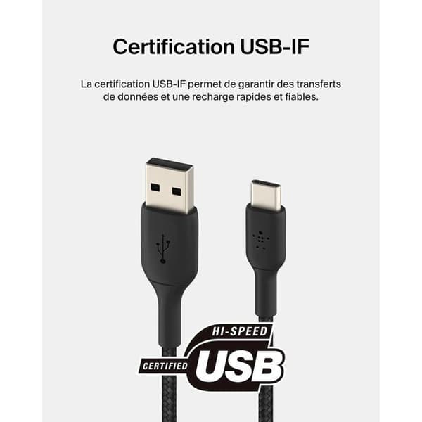 Flätad kabel - BELKIN - USB-C till USB-A - 1 m - Svart Svart