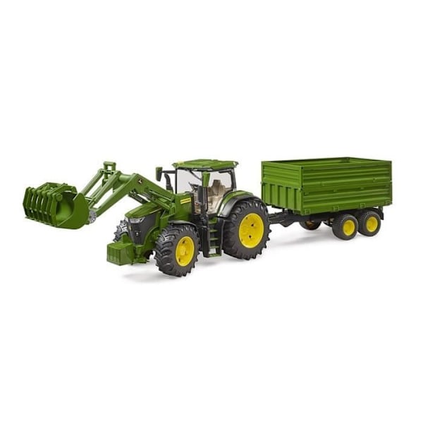 John Deere 7R -traktori etukuormaimella ja tandemperävaunulla - BRUDER Grøn og gul