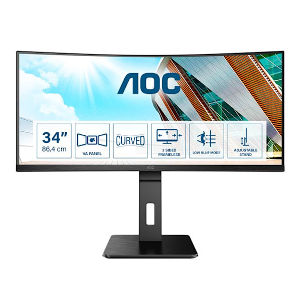 AOC CU34P2A 86 cm (34 tommer) buet skærm (HDMI, DisplayPort, USB-hub, 3440 x 1440 px, 100 Hz, FreeSync) sort