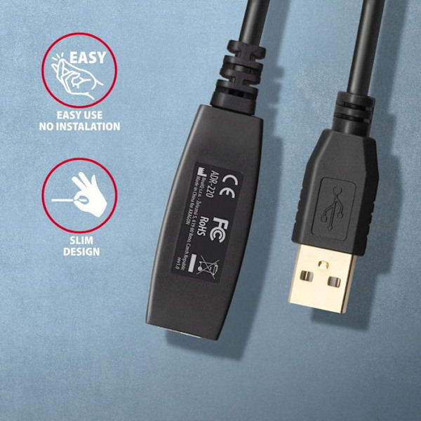 AXAGON ADR-220 USB 2.0 aktiv forlængelse / repeater kabel USB A -> USB A, 20m