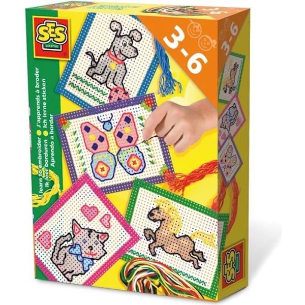 SES CREATIVE - Jag lär mig att brodera - Förtryckta och perforerade kort - Canvas med stora hål - För barn över 3 år Flerfärgad