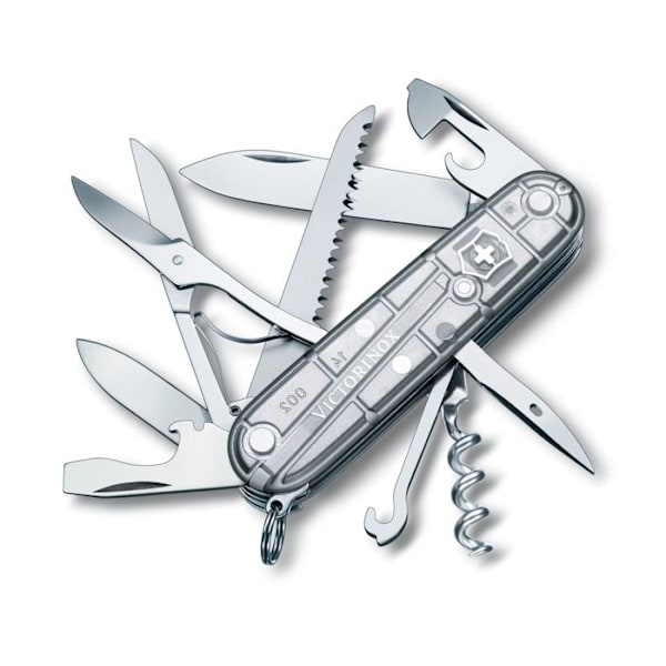 Victorinox Huntsman schweizisk armékniv, inklusive sax och träsåg, 15 funktioner, för camping, transparent silverfärg