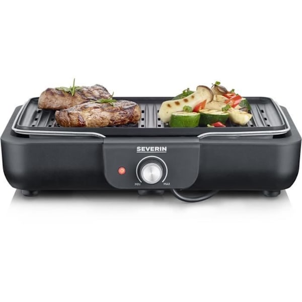 Elektrisk grill SEVERIN - PG8556 - Stegeflade 37x29cm - Justerbar termostat - 2300W Sort, Rustfrit stål