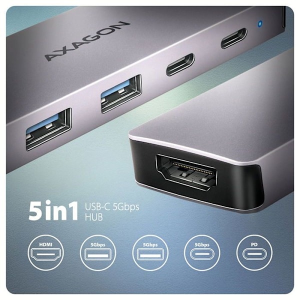 AXAGON HMC-5H60 Hub 5 in 1, USB-C 5Gbps, 2x USB-A, 1x USB-C, HDMI 4k/60Hz, PD 100W, USB-C kaapeli 15cm