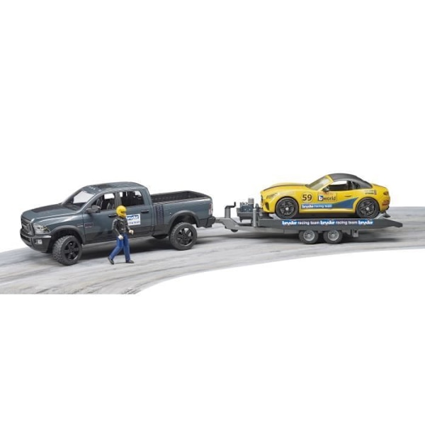 BRUDER - RAM 2500 POWER WAGON ajoneuvo perävaunulla ja BRUDER ROADSTER RACING TEAM -autolla gul