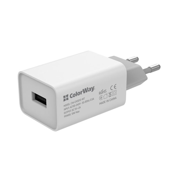 Laddare Priza, USB, 10 W, 2 A - ColorWay (CW-CHS012-WT) - Vit