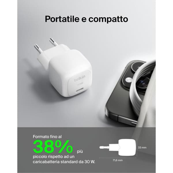 Belkin USB-C Snabbladdare 30W Vägg för iPhone iPad Samsung Galaxy Vit Vit