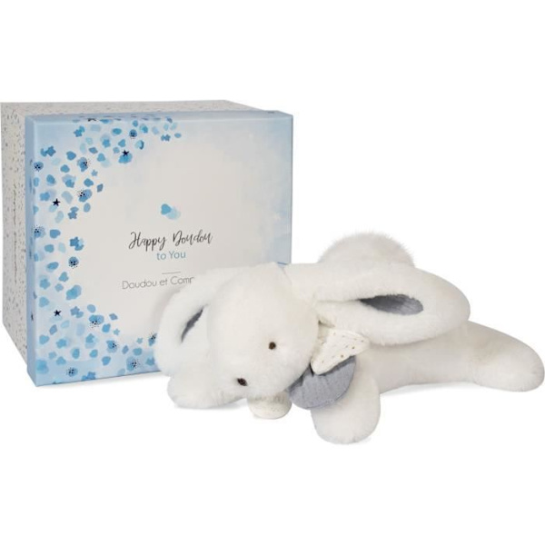 Doudou og Selskab - Plysdyr Kanin - 25 cm - Hvid/Blå Pompon Kanin - Smuk Gaveæske - Happy Glossy - Happy Doudou To You Lyseblå