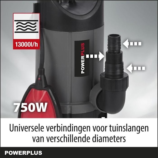Powerplus Elektrisk Vandpumpe POWEW67906 - 750 W Nedsænket Vandpumpe, Maksimal 35°C, 13.000 l/h, Havenværktøj grå