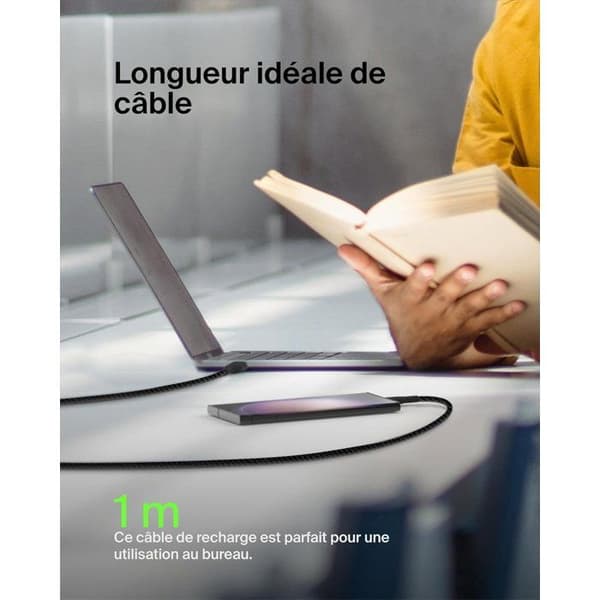 Flätad kabel - BELKIN - USB-C till USB-A - 1 m - Svart Svart