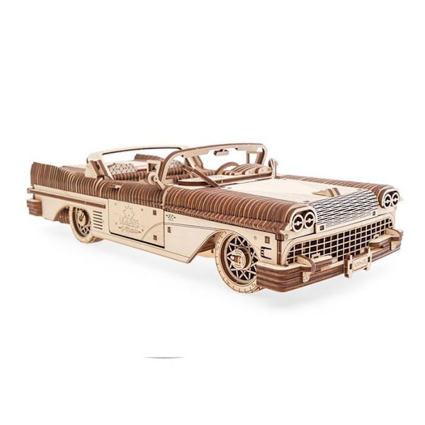 Træmodel bil: Cabriolet VM-05, mekanisk model Brun og beige