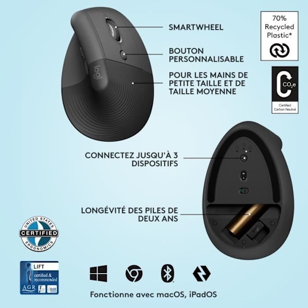 Logitech Lift Ergonomic Vertical Mouse, Trådlös, Tyst - Grafit