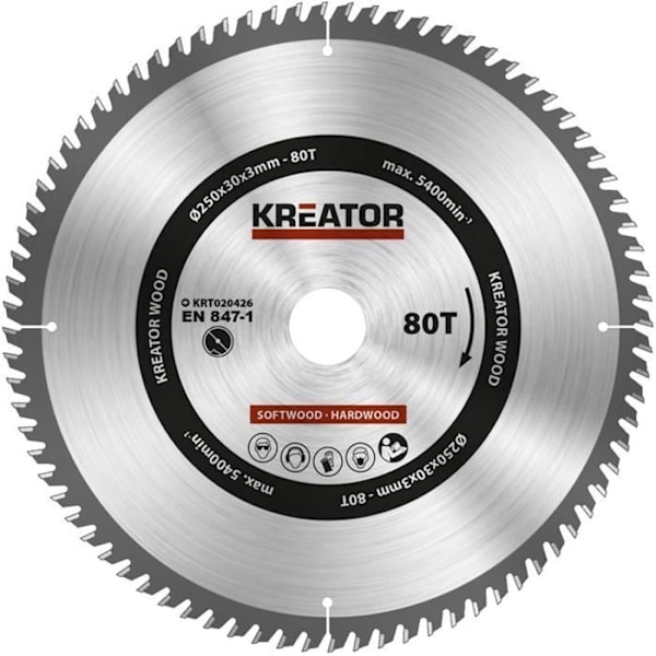 Sahanterä - KREATOR - KRT020426 - Halkaisija 250 mm - Holkki Ø 30 mm - 80 hammasta