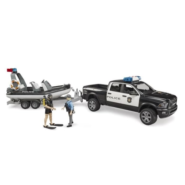 RAM 2500 poliisin pickup L + S -moduulilla, perävaunu, vene, poliisinainen ja sukeltaja - Bruder Hvid, sort, rød, blå