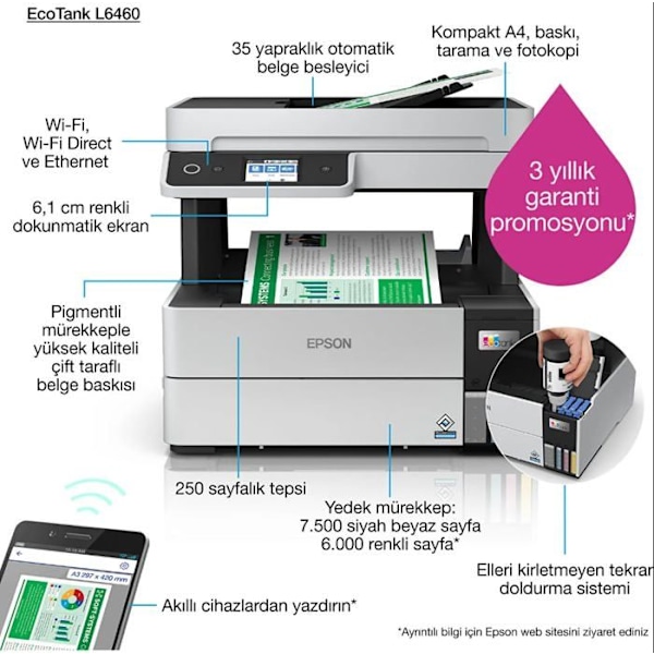 Epson printer multifunktionsenhed | EcoTank L6460 | Inkjet | Farve | 3-i-1 | WiFi | Sort og hvid Sort, Hvid