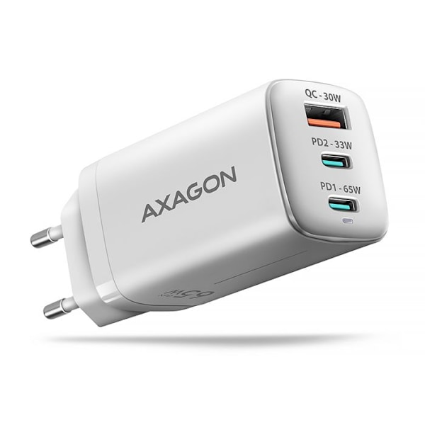 Oplader - AXAGON - ACU-DPQ65W - 1x USB-A / 2x USB-C - PD 3.0 / QC4 / PPS - 65W Hvid