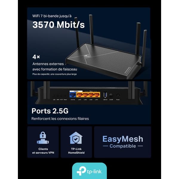 Dual-Band WiFi Router - TP-Link - BE3600 - 3,6 Gbit/s - 2,5G Multi-Gigabit-portar - Svart
