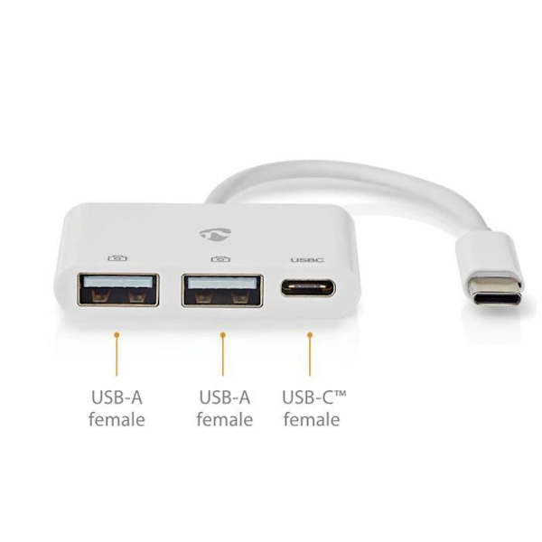 USB Hub - NEDIS - CCGB64785WT01 - 3 portar - USB-C och USB 2.0 - Vit