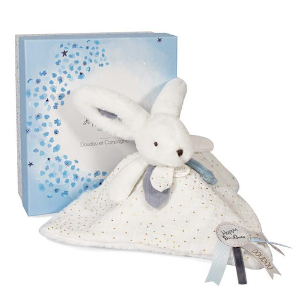 Doudou et Compagnie - Doudou Kanin - 25 cm - Hvid / Blå - Hvid Pompom Kanin - Gaveidé - Glad Glanset - Glad Doudou til dig