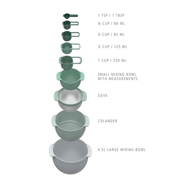 Sæt af blandeskåle - Joseph Joseph - Nest™ 9 Plus - 9 dele - Grøn - Moderne design Grøn