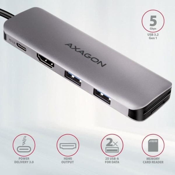 AXAGON USB-C Hub HMC-5, 2 x USB-A, HDMI, 2 x USB-C 3.2 Gen 1, 1 x SD, 1 x microSD, sølv - 8595247906175