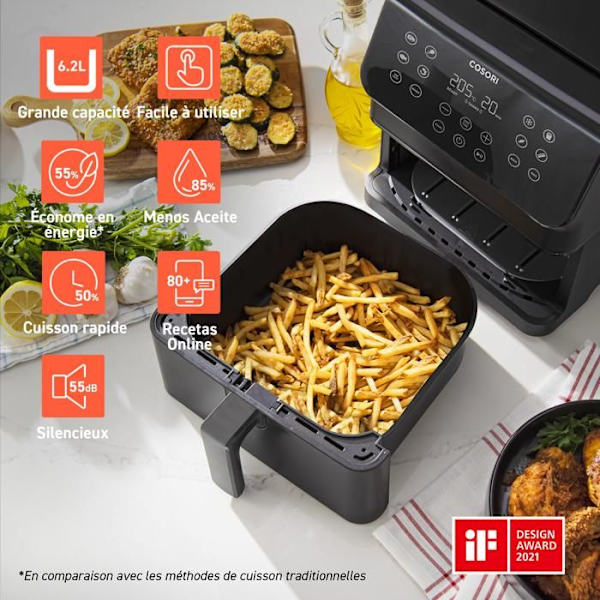 COSORI Premium II Chefs Edition ilmanöljyfritteeri 6,2 litraa musta + Paketti 50 paperia sort