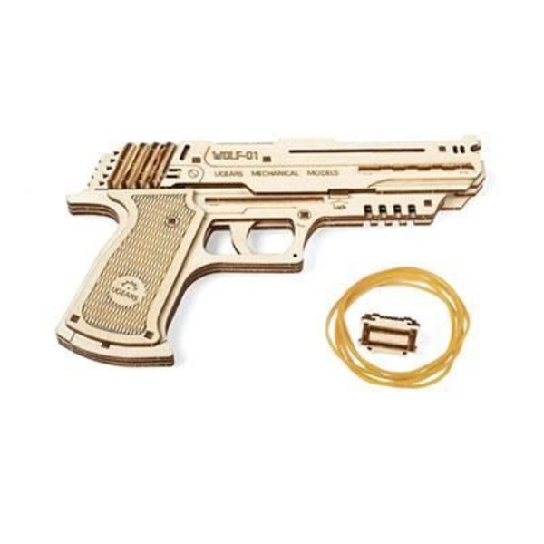 Træmodel - Wolf 1 Pistol - 62 dele - Nem montering - 60 elastikker inkluderet Brun