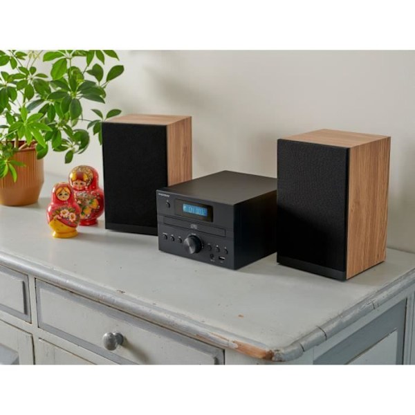 Bluetooth mikrosystem - THOMSON - Træ/Sort - FM/CD/MP3/USB radio, 20W RMS, FM RDS tuner, Hovedtelefonstik, Fjernbetjening, Strømforsyning. 230V Træ og sort