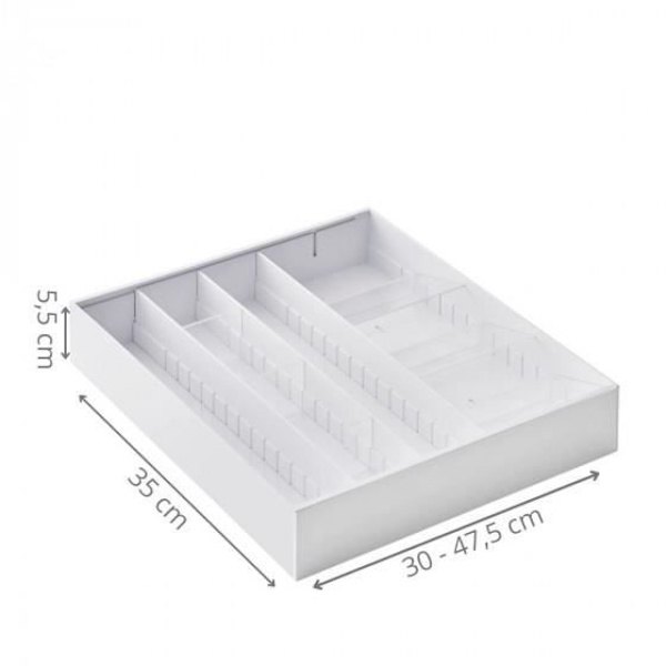 Pitkänomainen ruokailuvälineteline - Valkoinen - ABS-valmistetta - 30-47,5 cm - Laatikoiden optimointi - Tilansäästö
