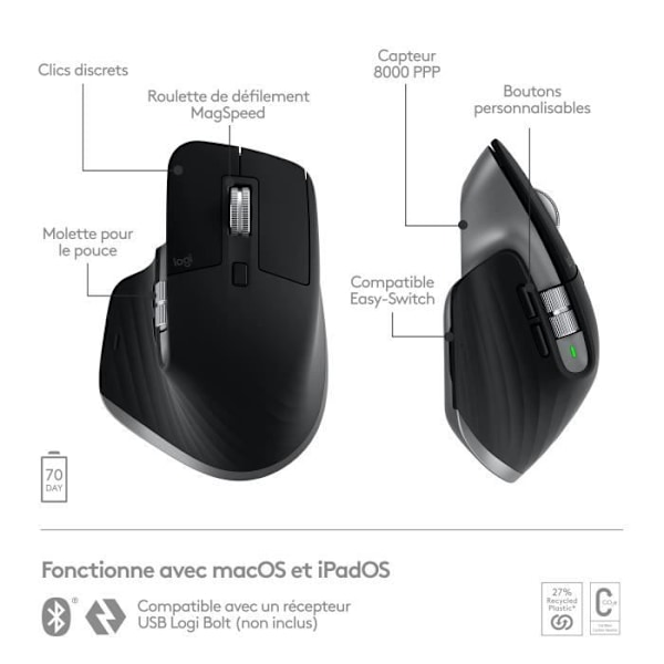 Logitech MX Master 3S -hiiri Macille - Langaton Bluetooth - Sivuharmaa