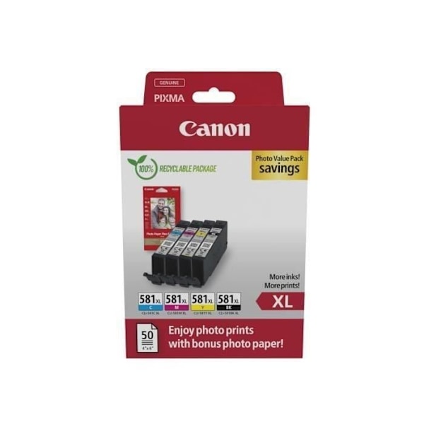 Multipak blækpatroner + fotopapirpakke - CANON - CLI-581XL Sort/Cyan/Magenta/Gul - Højtydende